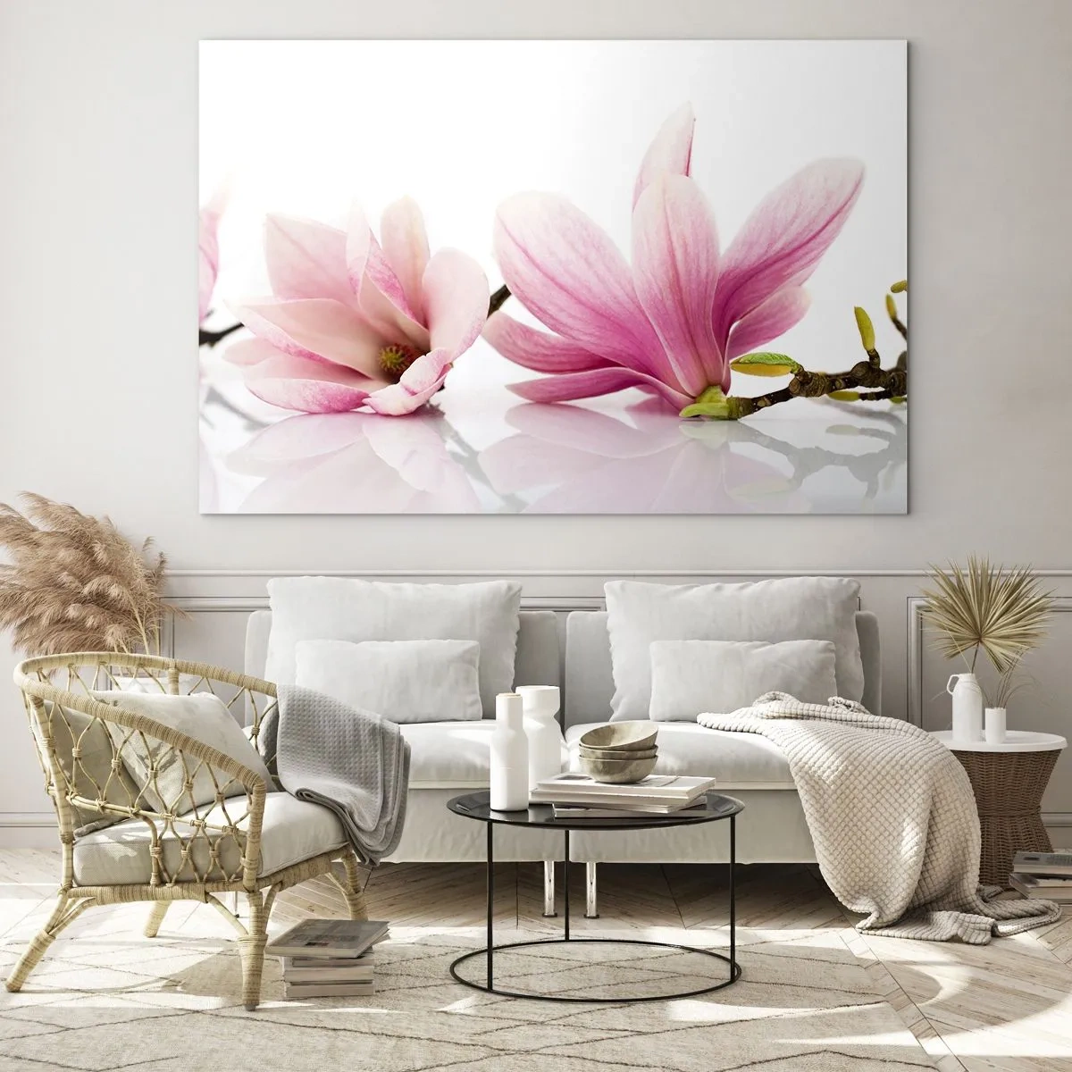 Cuadro sobre vidrio - Impresiones sobre Vidrio - Delicadas flores de magnolia sobre un fondo blanco. - 120x80cm - Suave como un soplo de primavera - Decoración de pared moderna para salón y dormitorio ARTTOR