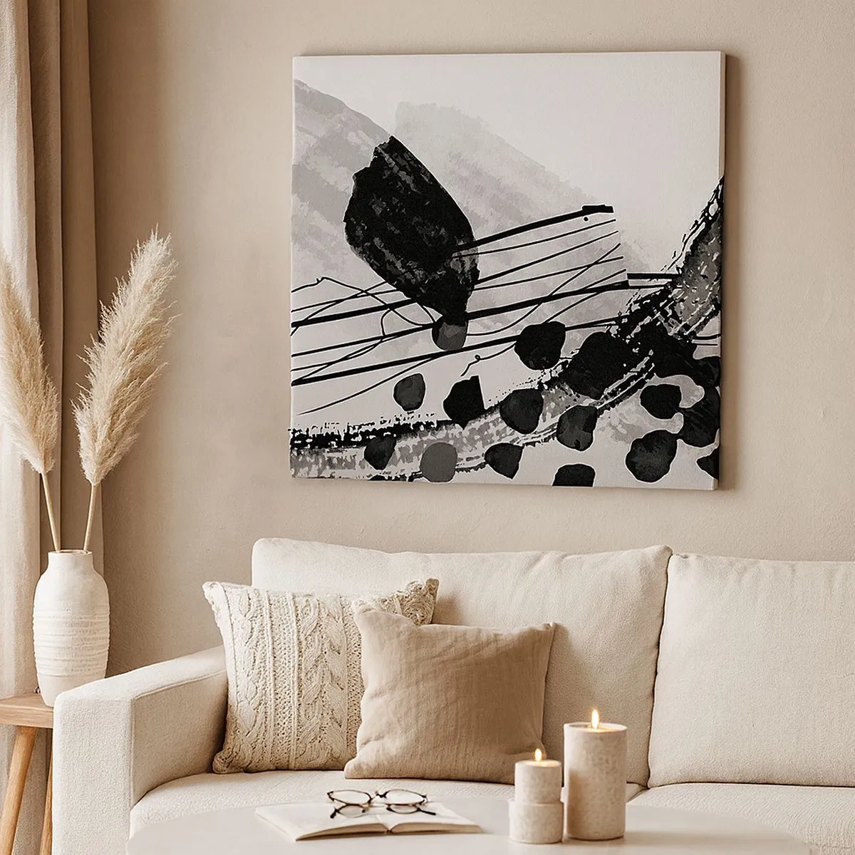 Cuadro sobre lienzo - Impresión de Imagen - Abstracción orgánica en blanco y negro - 30x30 cm