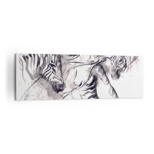 Cuadro sobre lienzo - Impresión de Imagen - Una mujer en una danza dinámica con cebras en una estética en blanco y negro. - 160x50cm - Bailando con las cebras - Decoración de pared moderna para salón y dormitorio ARTTOR