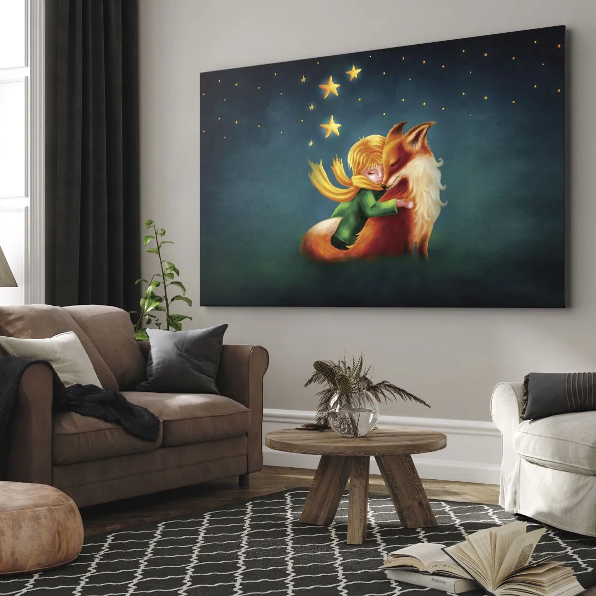 Cuadro sobre lienzo - Impresión de Imagen - Un niño con un zorro en un entorno mágico con estrellas. - 120x80cm - El Principito - Decoración de pared moderna para salón y dormitorio ARTTOR