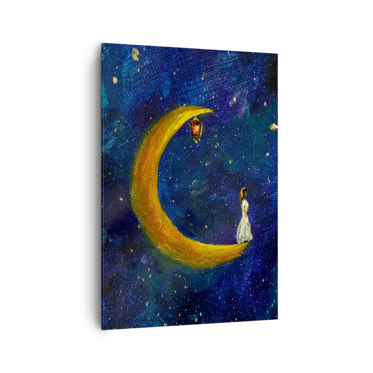 Cuadro sobre lienzo - Impresión de Imagen - Una niña parada en la luna en un cielo estrellado. - 70x100cm - La llamada de la Luna - Decoración de pared moderna para salón y dormitorio ARTTOR