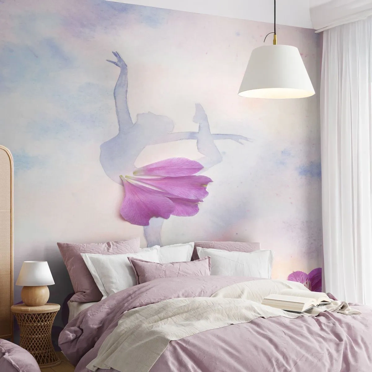 Fotomural Premium Sand - Silueta de una bailarina con un pétalo de flor. - 100x70cm - Suave como una flor - Decoración de pared moderna para salón y dormitorio ARTTOR