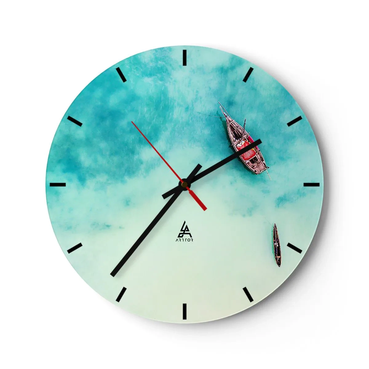 Reloj de pared - Reloj de vidrio - Barcos en aguas turquesas - 30x30cm - Porque en las playas de Zanzíbar, cuando las aguas se desbordan... - Decoración de pared moderna para salón, cocina y dormitorio ARTTOR