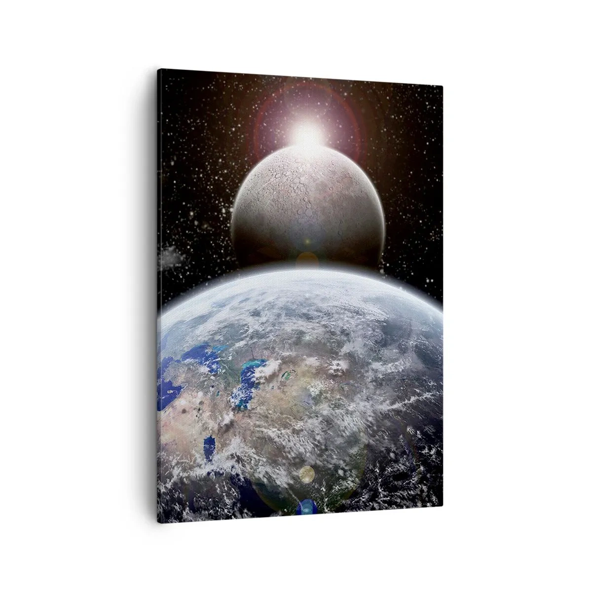 Cuadro sobre lienzo - Impresión de Imagen - El planeta Tierra y la Luna con el espacio exterior estrellado como telón de fondo. - 50x70cm - Paisaje cósmico - amanecer - Decoración de pared moderna para salón y dormitorio ARTTOR