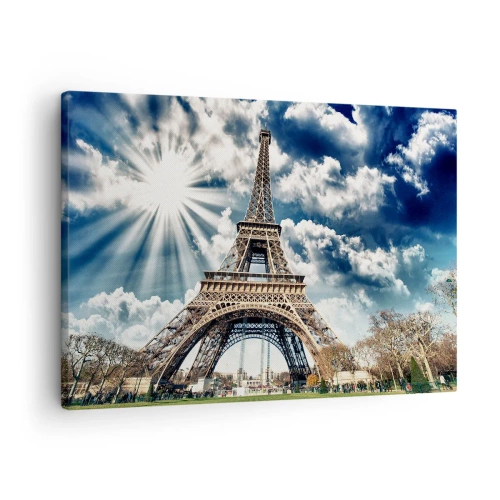 Cuadro sobre lienzo - Impresión de Imagen - La Torre Eiffel contra un cielo soleado con nubes. - 70x50cm - Única bajo el sol - Decoración de pared moderna para salón y dormitorio ARTTOR