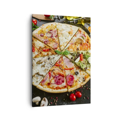 Cuadro sobre lienzo - Impresión de Imagen - Pizza en varios sabores con fondo de ingredientes. - 50x70cm - Una gama de gustos - Decoración de pared moderna para salón y dormitorio ARTTOR