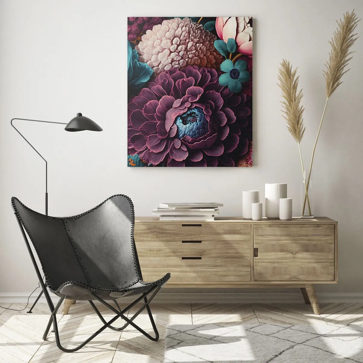 Cuadro sobre vidrio - Impresiones sobre Vidrio - Un ramo de flores en colores intensos sobre un fondo oscuro. - 80x120cm - Naturaleza en abundancia - Decoración de pared moderna para salón y dormitorio ARTTOR