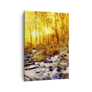 Cuadro sobre lienzo - Impresión de Imagen - Bosque otoñal con un arroyo entre hojas doradas - 50x70cm - Piedras bañadas en oro y platino - Decoración de pared moderna para salón y dormitorio ARTTOR