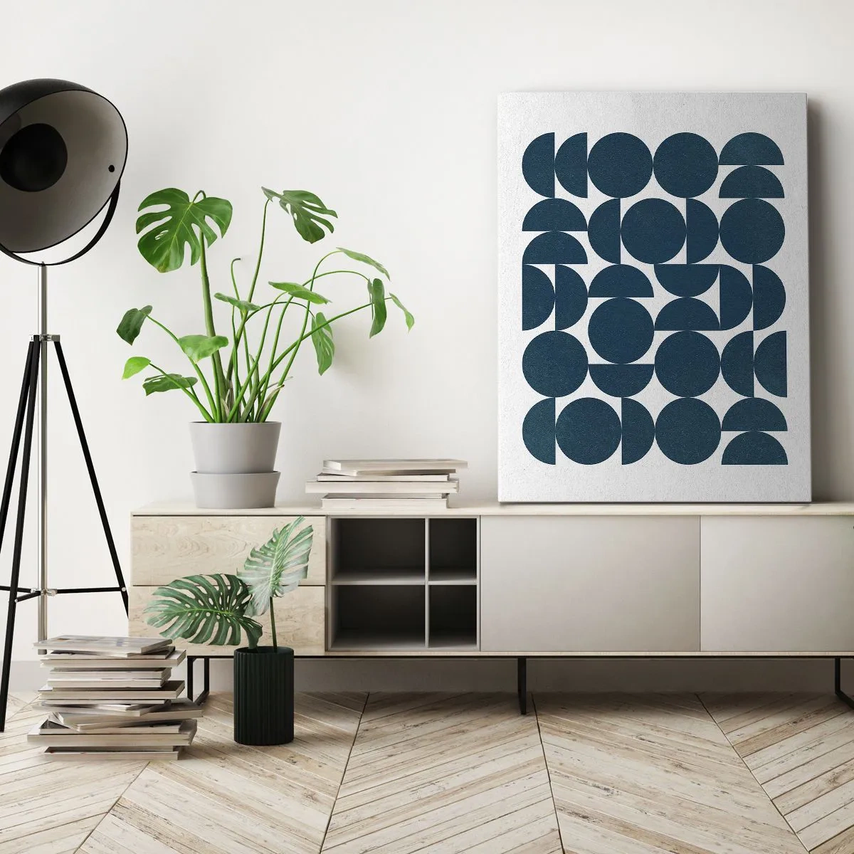 Cuadro sobre lienzo - Impresión de Imagen - Formas geométricas en tonos azul marino sobre fondo blanco. - 70x100cm - Círculos y semicírculos - Decoración de pared moderna para salón y dormitorio ARTTOR