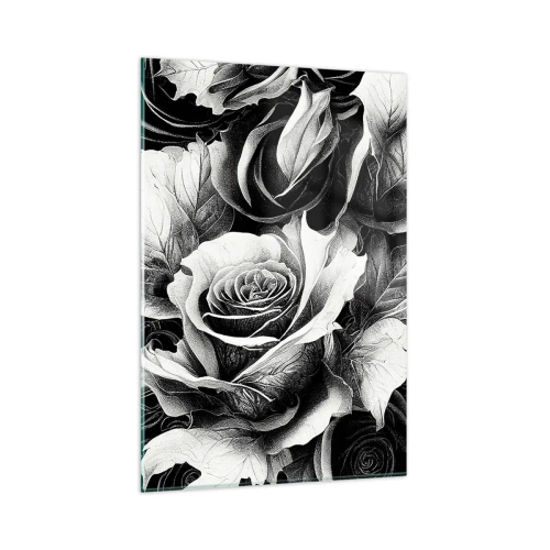 Cuadro sobre vidrio - Impresiones sobre Vidrio - Rosas blancas y negras en una elegante composición. - 80x120cm - Siempre como una reina - Decoración de pared moderna para salón y dormitorio ARTTOR