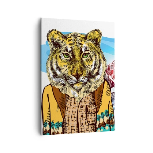 Cuadro sobre lienzo - Impresión de Imagen - Un tigre con abrigo frente a un paisaje montañoso. - 50x70cm - No es tan salvaje como dicen - Decoración de pared moderna para salón y dormitorio ARTTOR