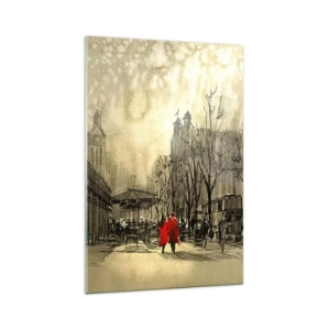 Cuadro sobre vidrio - Impresiones sobre Vidrio - Una figura roja en un entorno urbano nostálgico - 70x100cm - Cita en la niebla de Londres  - Decoración de pared moderna para salón y dormitorio ARTTOR