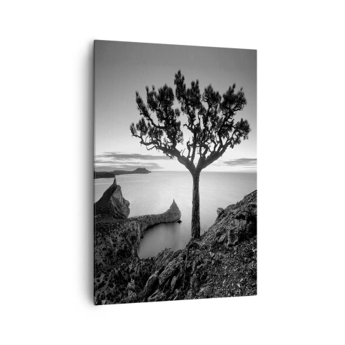 Cuadro sobre lienzo - Impresión de Imagen - Paisaje en blanco y negro con un árbol solitario en un acantilado sobre el mar. - 70x100cm - Calma hasta el horizonte - Decoración de pared moderna para salón y dormitorio ARTTOR