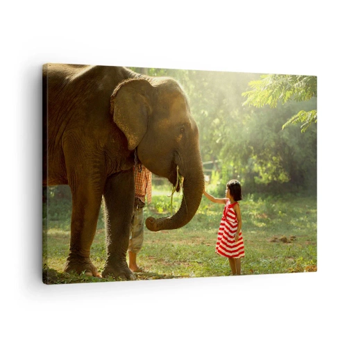 Cuadro sobre lienzo - Impresión de Imagen - Una niña con un vestido rojo tocando un elefante en el bosque. - 70x50cm - El poder de la amistad - Decoración de pared moderna para salón y dormitorio ARTTOR