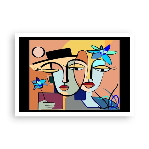 Póster - Retratos cubistas en colores vibrantes con motivo floral. - 100x70cm - Randez vous de Picasso - Decoración de pared moderna para salón y dormitorio ARTTOR