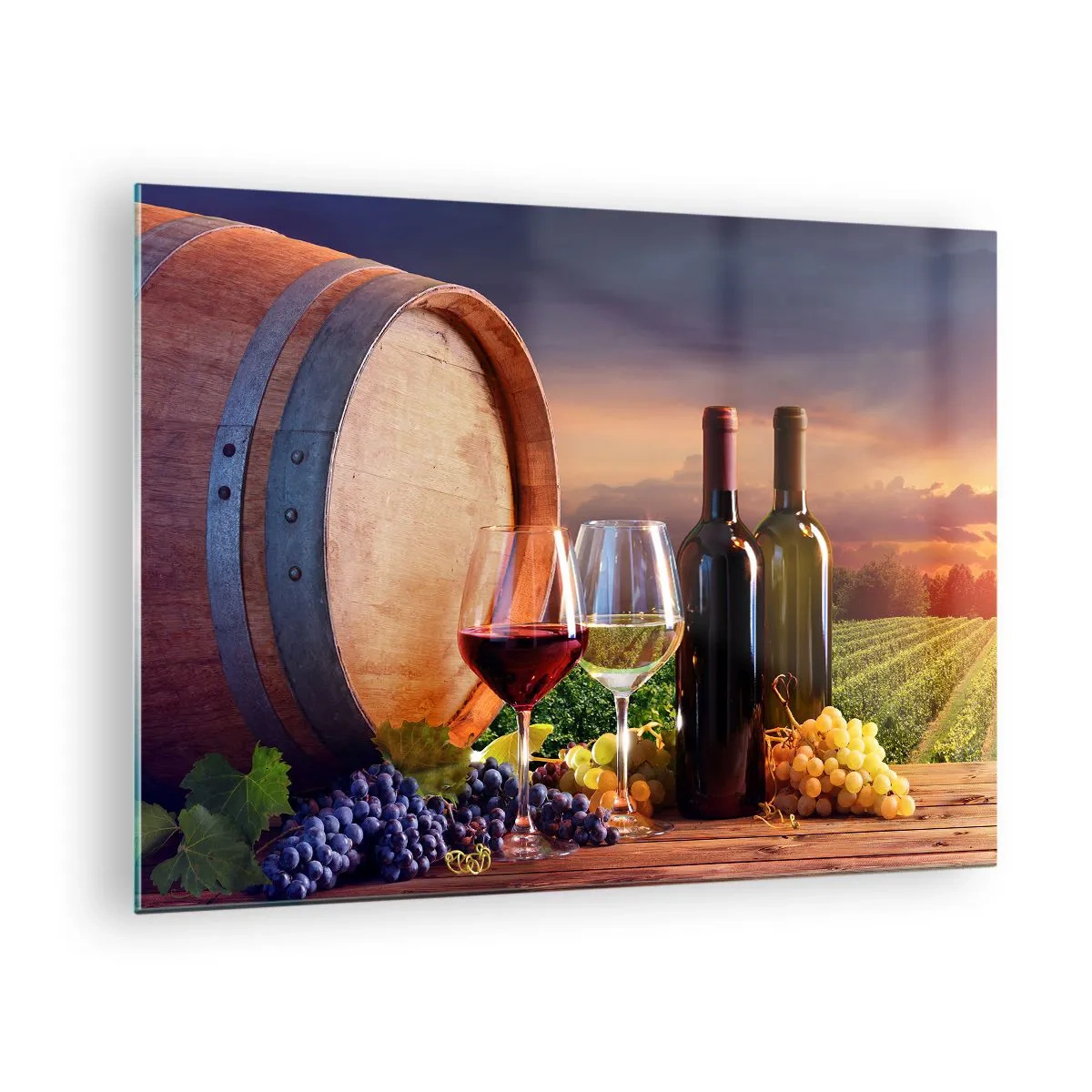 Cuadro sobre vidrio - Impresiones sobre Vidrio - Vides, un barril y copas con el sol poniente como telón de fondo - 70x50cm - Aquí la vida tiene un sabor - Decoración de pared moderna para salón y dormitorio ARTTOR