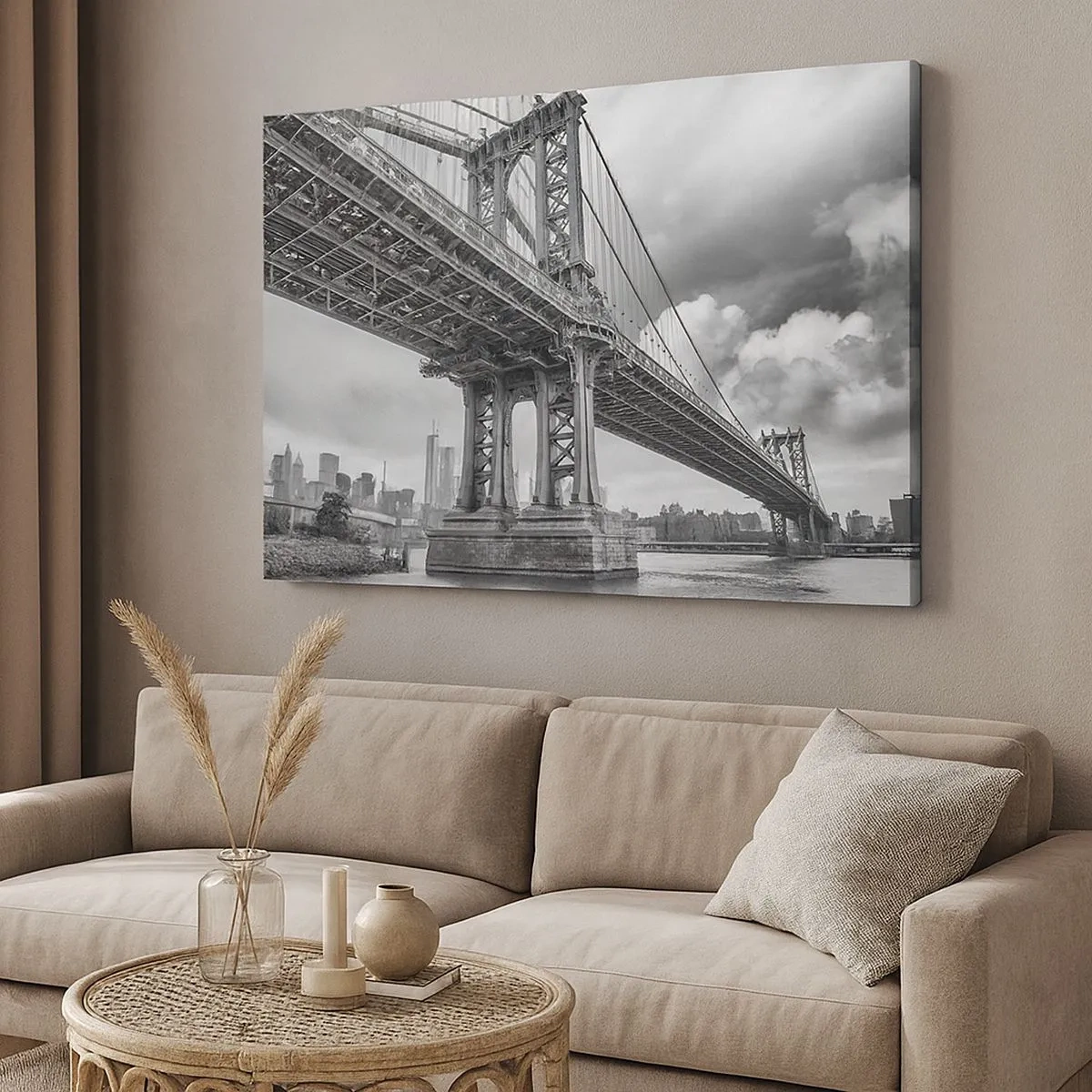 Cuadro sobre lienzo - Impresión de Imagen - Un puente en blanco y negro con vista a la ciudad. - 70x50cm - Al corazón de la ciudad - Decoración de pared moderna para salón y dormitorio ARTTOR