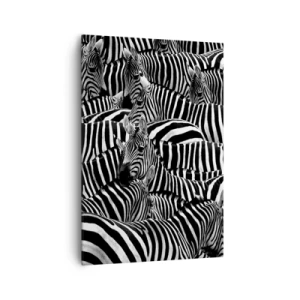 Cuadro sobre lienzo - Impresión de Imagen - Un grupo de cebras con rayas blancas y negras que crean un patrón de simetría. - 70x100cm - Retrato a rayas - Decoración de pared moderna para salón y dormitorio ARTTOR