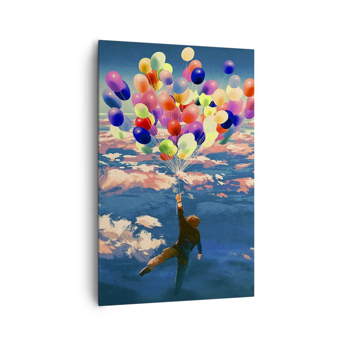 Cuadro sobre lienzo - Impresión de Imagen - Una figura flotando sobre las nubes con globos de colores. - 80x120cm - Un sueño de infancia hecho realidad - Decoración de pared moderna para salón y dormitorio ARTTOR