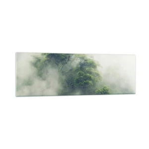 Cuadro sobre vidrio - Impresiones sobre Vidrio - Árboles verdes en una espesa niebla contra un fondo natural - 160x50cm - Envuelto en niebla - Decoración de pared moderna para salón y dormitorio ARTTOR