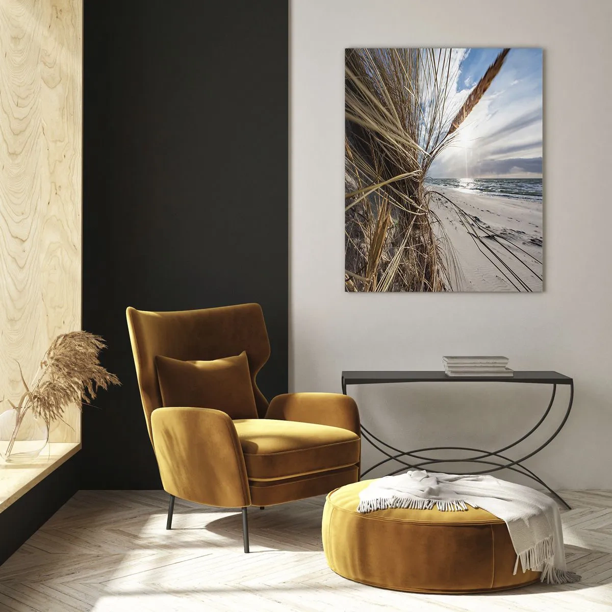 Cuadro sobre vidrio - Impresiones sobre Vidrio - Césped dorado con el telón de fondo de una playa de arena y el mar. - 50x70cm - Una reunión de los elementos - Decoración de pared moderna para salón y dormitorio ARTTOR