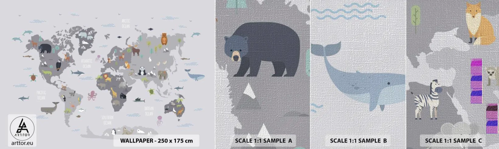 Muestra de fotomural Premium Canvas - Dime de dónde eres... - Mapa del mundo, animales, Continentes - 100x30 cm