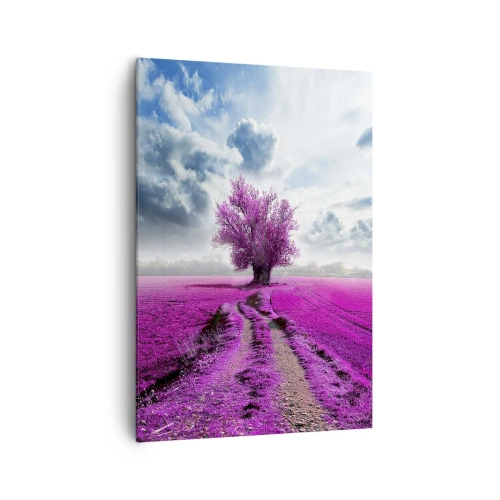 Cuadro sobre lienzo - Impresión de Imagen - Un árbol solitario en un campo de un tono rosa intenso. - 70x100cm - El brezal - un encanto - Decoración de pared moderna para salón y dormitorio ARTTOR