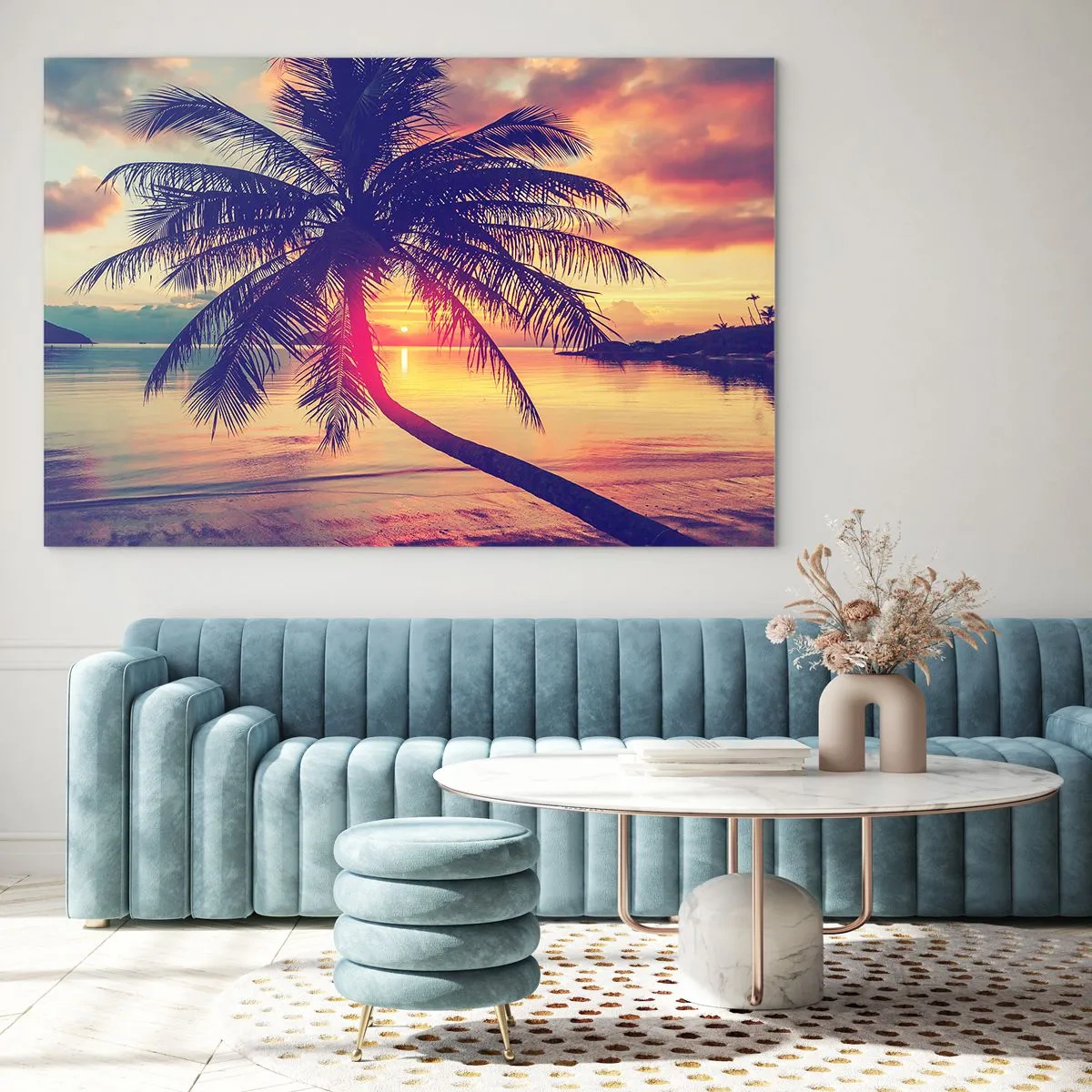 Cuadro sobre vidrio - Impresiones sobre Vidrio - Palmera al atardecer sobre un mar en calma - 100x70cm - Atardecer bajo las palmeras - Decoración de pared moderna para salón y dormitorio ARTTOR