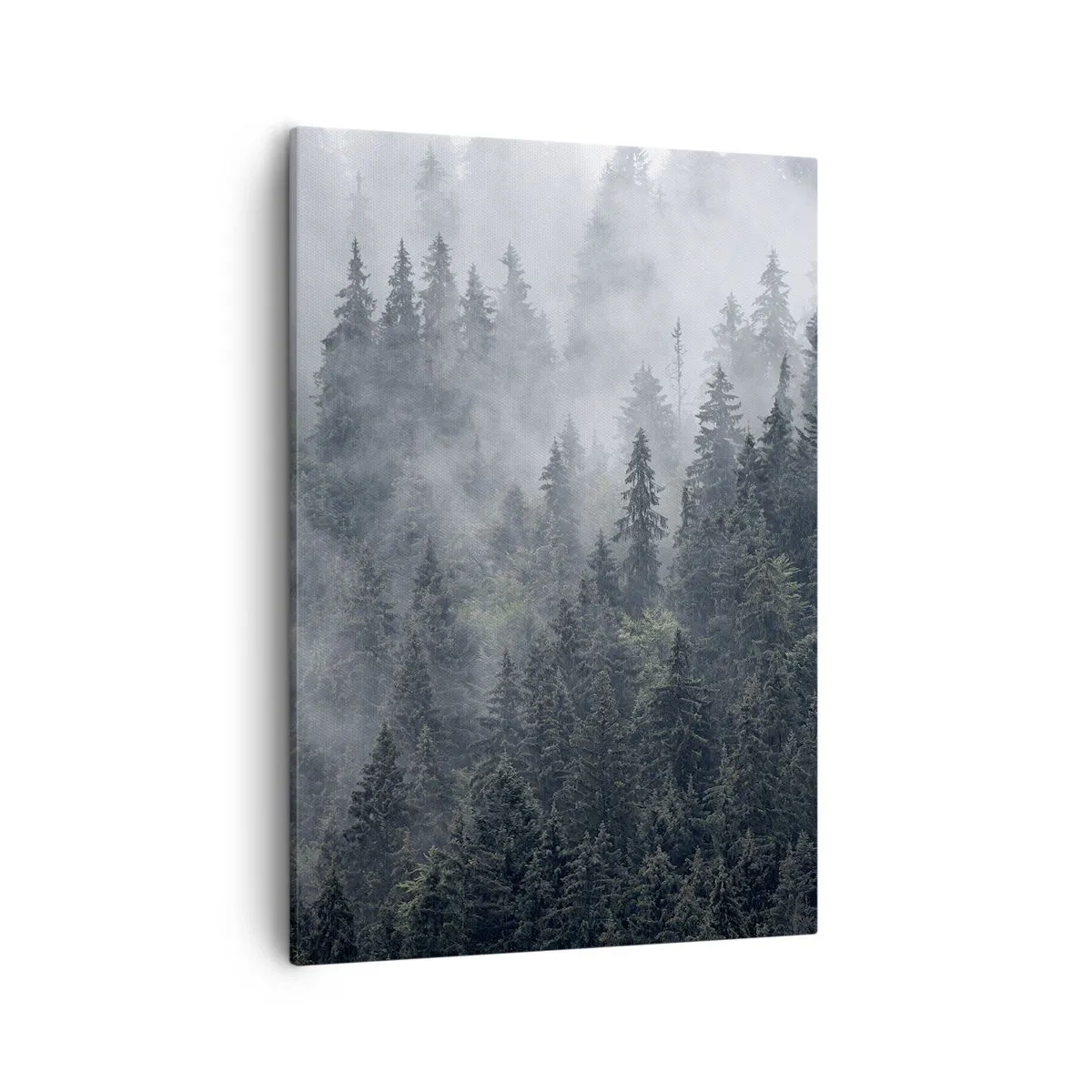 Cuadro sobre lienzo - Impresión de Imagen - Bosque de coníferas brumoso en tonos grises y verdes. - 50x70cm - Amanecer en el bosque - Decoración de pared moderna para salón y dormitorio ARTTOR
