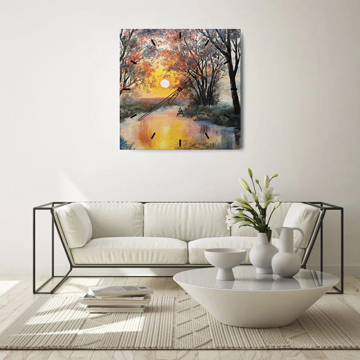 Reloj de pared - Reloj de vidrio - Puesta de sol sobre el río en un paisaje otoñal - 30x30cm - Ambiente otoñal - Decoración de pared moderna para salón y dormitorio ARTTOR