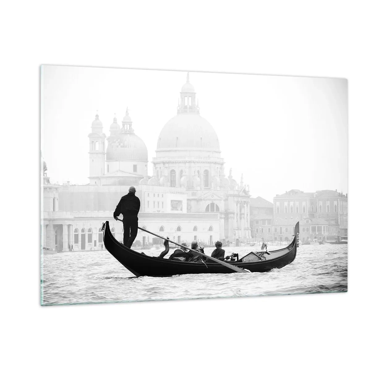 Cuadro sobre vidrio - Impresiones sobre Vidrio - Una góndola en blanco y negro con el paisaje de Venecia como telón de fondo. - 120x80cm - Un viaje a la fuente de la belleza - Decoración de pared moderna para salón y dormitorio ARTTOR