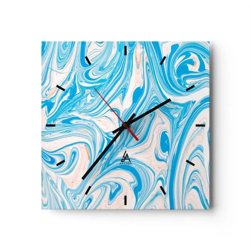 Reloj de pared - Reloj de vidrio - Remolinos abstractos de estilo mármol azul y blanco - 30x30cm - Llanura de inundación turquesa - Decoración de pared moderna para salón y dormitorio ARTTOR
