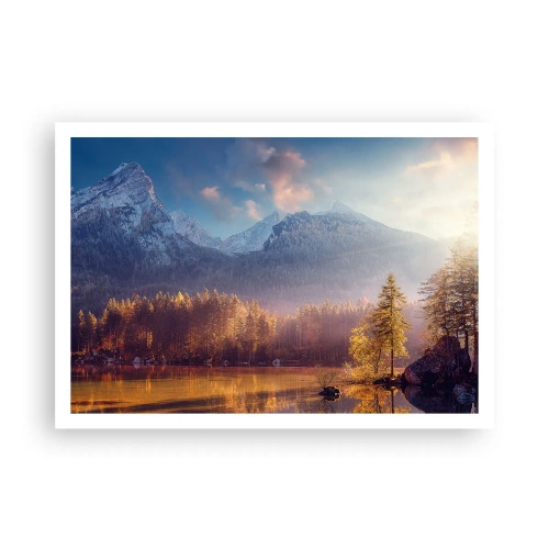 Póster - Vista pintoresca del bosque de montaña y el lago al amanecer. - 100x70cm - Entre las montañas y los valles - Decoración de pared moderna para salón y dormitorio ARTTOR