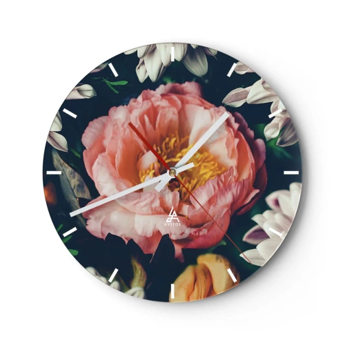 Reloj de pared - Reloj de vidrio - Primer plano de una flor de peonía rosa rodeada de otras flores. - 30x30cm - Con esplendor barroco - Decoración de pared moderna para salón, cocina y dormitorio ARTTOR