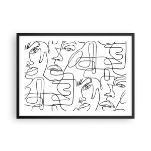 Póster en marco negro - Un dibujo minimalista de una cara con líneas sobre un fondo claro. - 70x50cm - Entre emociones enredadas - Decoración de pared moderna para salón y dormitorio ARTTOR
