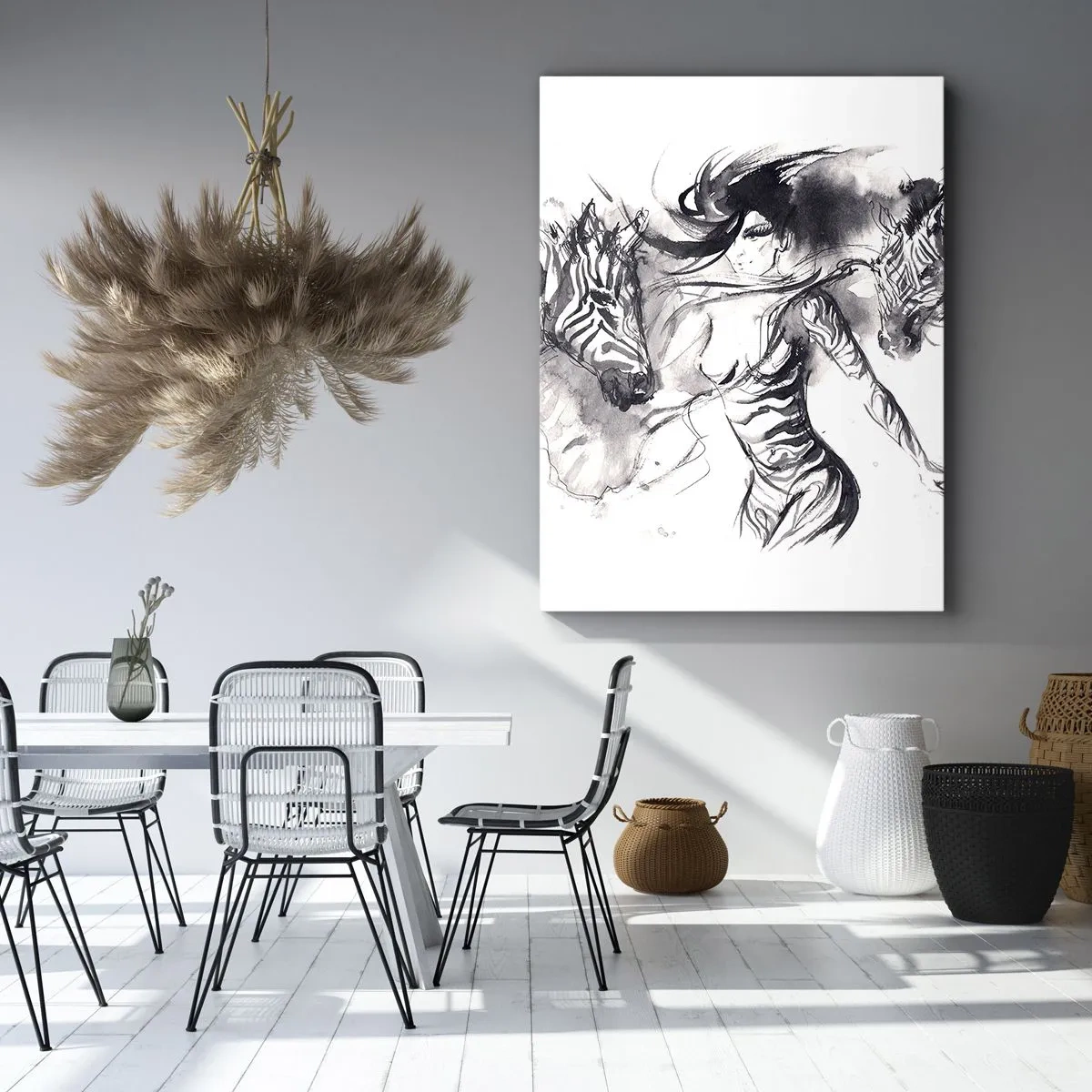 Cuadro sobre lienzo - Impresión de Imagen - Una mujer en una danza dinámica con cebras en una estética en blanco y negro. - 50x70cm - Bailando con las cebras - Decoración de pared moderna para salón y dormitorio ARTTOR