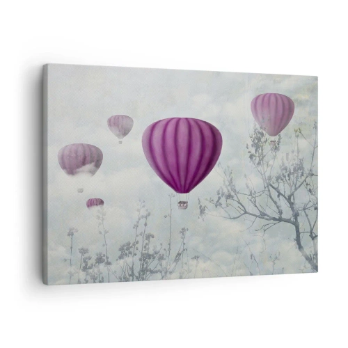 Cuadro sobre lienzo - Impresión de Imagen - Globos morados flotando sobre los árboles en las nubes. - 70x50cm - Surcando los cielos - Decoración de pared moderna para salón y dormitorio ARTTOR