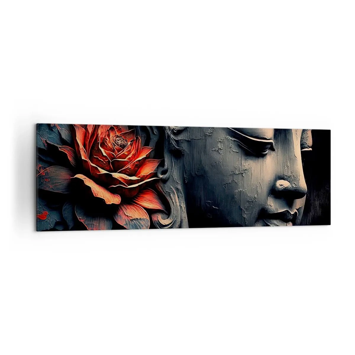 Cuadro sobre lienzo - Impresión de Imagen - Escultura de Buda con una flor de loto roja. - 160x50cm - En sintonía con el mundo - Decoración de pared moderna para salón y dormitorio ARTTOR