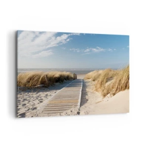 Cuadro sobre lienzo - Impresión de Imagen - Un camino de madera conduce a través de las dunas hasta el mar en calma. - 120x80cm - Más allá de la duna, en el susurro de la naturaleza - Decoración de pared moderna para salón y dormitorio ARTTOR