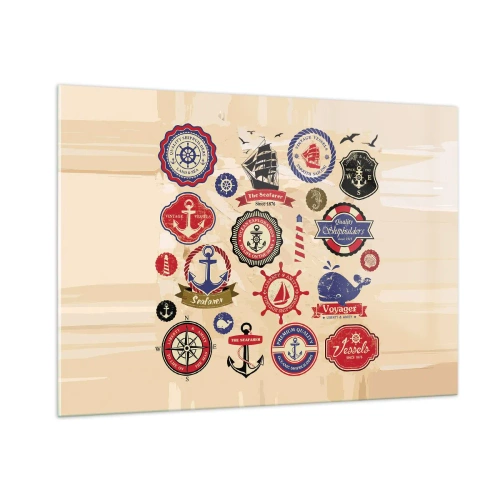 Cuadro sobre vidrio - Impresiones sobre Vidrio - Emblemas y símbolos náuticos sobre un fondo beige - 100x70cm - Una fraternidad del mar - Decoración de pared moderna para salón y dormitorio ARTTOR