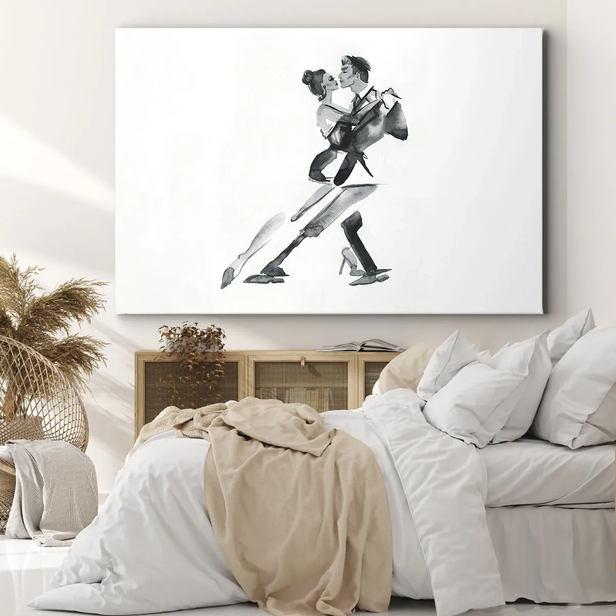 Cuadro sobre lienzo - Impresión de Imagen - Una ilustración sutil de una pareja bailando en un estilo monocromático. - 70x50cm - Todos al son de la música - Decoración de pared moderna para salón y dormitorio ARTTOR