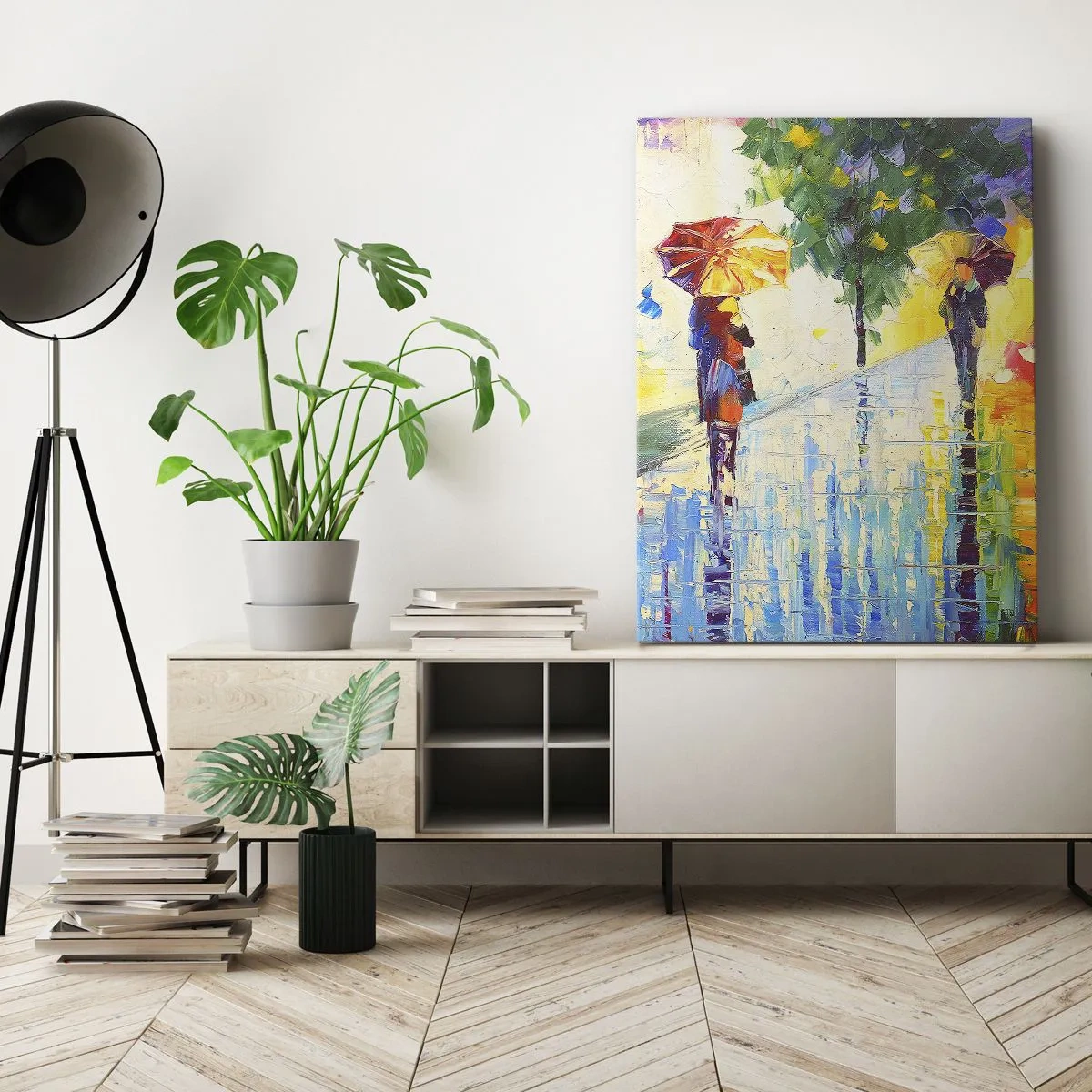 Cuadro sobre lienzo - Impresión de Imagen - Un paseo con paraguas en un colorido paisaje lluvioso. - 50x70cm - Y todo está claro - Decoración de pared moderna para salón y dormitorio ARTTOR