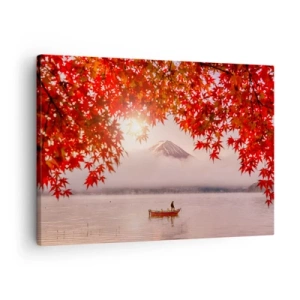 Cuadro sobre lienzo - Impresión de Imagen - Un barco en un lago rodeado de hojas de arce rojas. - 70x50cm - Estilo japonés - Decoración de pared moderna para salón y dormitorio ARTTOR