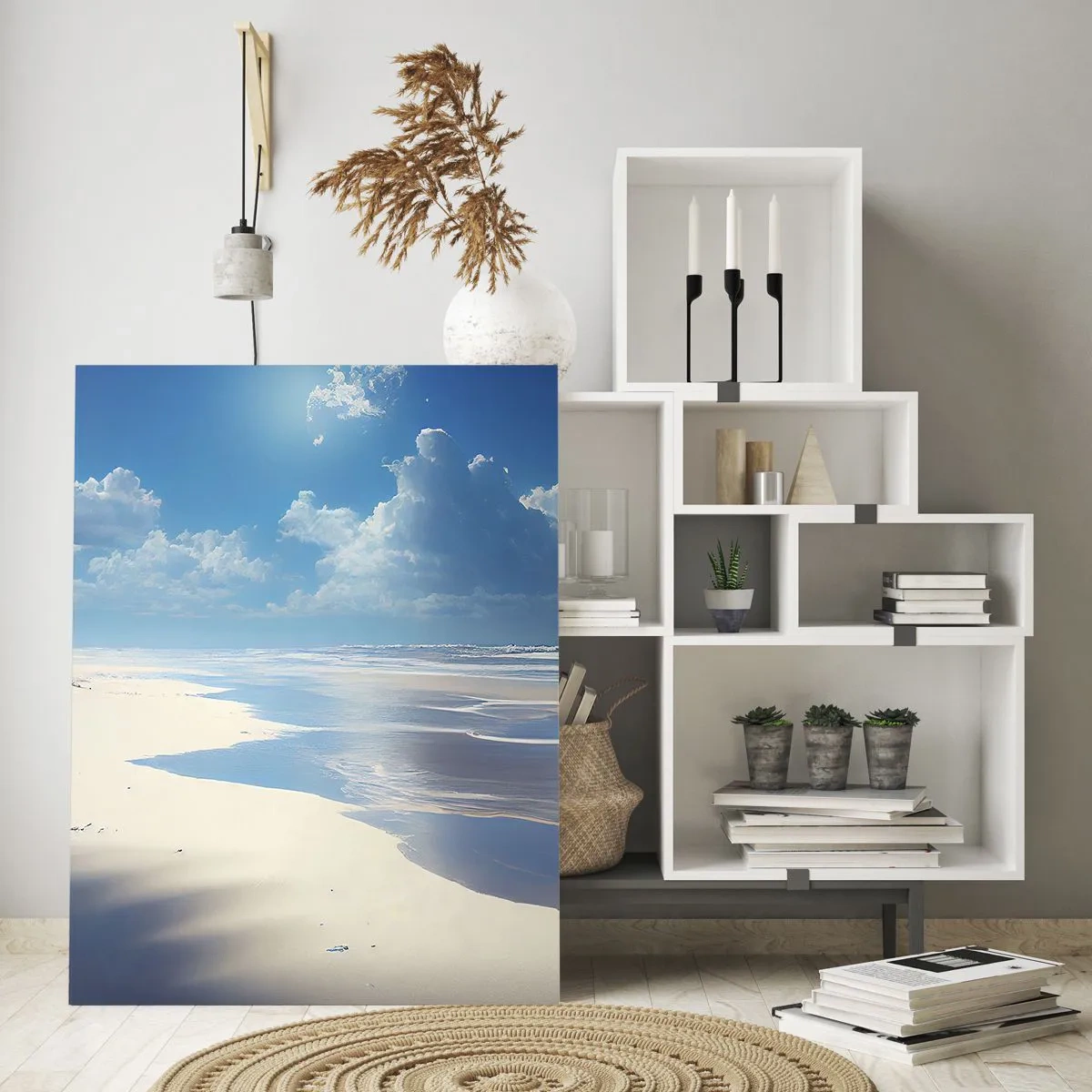 Cuadro sobre vidrio - Impresiones sobre Vidrio - Una playa de arena con olas bajo un cielo azul. - 80x120cm - Vacaciones en el paraíso - Decoración de pared moderna para salón y dormitorio ARTTOR