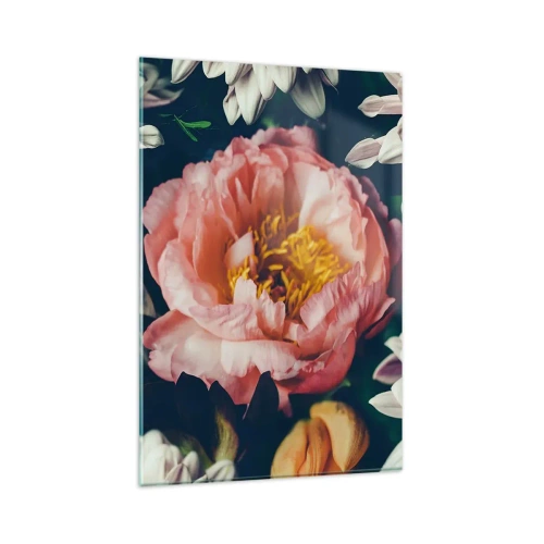 Cuadro sobre vidrio - Impresiones sobre Vidrio - Arreglo floral con peonías y crisantemos sobre fondo oscuro. - 80x120cm - Con esplendor barroco - Decoración de pared moderna para salón y dormitorio ARTTOR