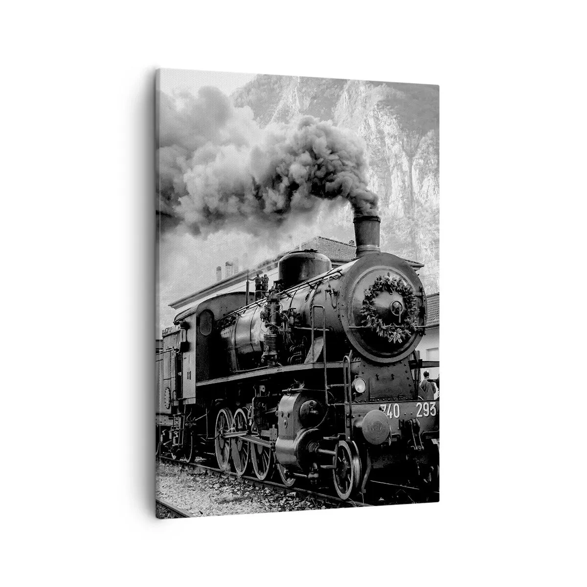 Cuadro sobre lienzo - Impresión de Imagen - Una locomotora de vapor en blanco y negro contra un paisaje montañoso. - 50x70cm - Rumbo a la estación... - Decoración de pared moderna para salón y dormitorio ARTTOR