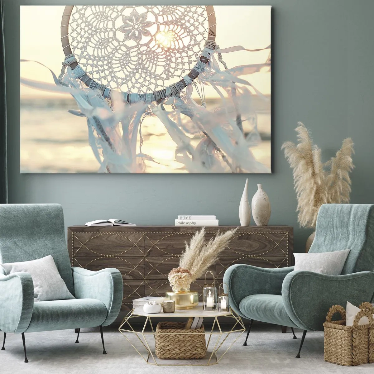 Cuadro sobre lienzo - Impresión de Imagen - Un delicado atrapasueños con el sol poniente como telón de fondo. - 70x50cm - Tótem sagrado - Decoración de pared moderna para salón y dormitorio ARTTOR
