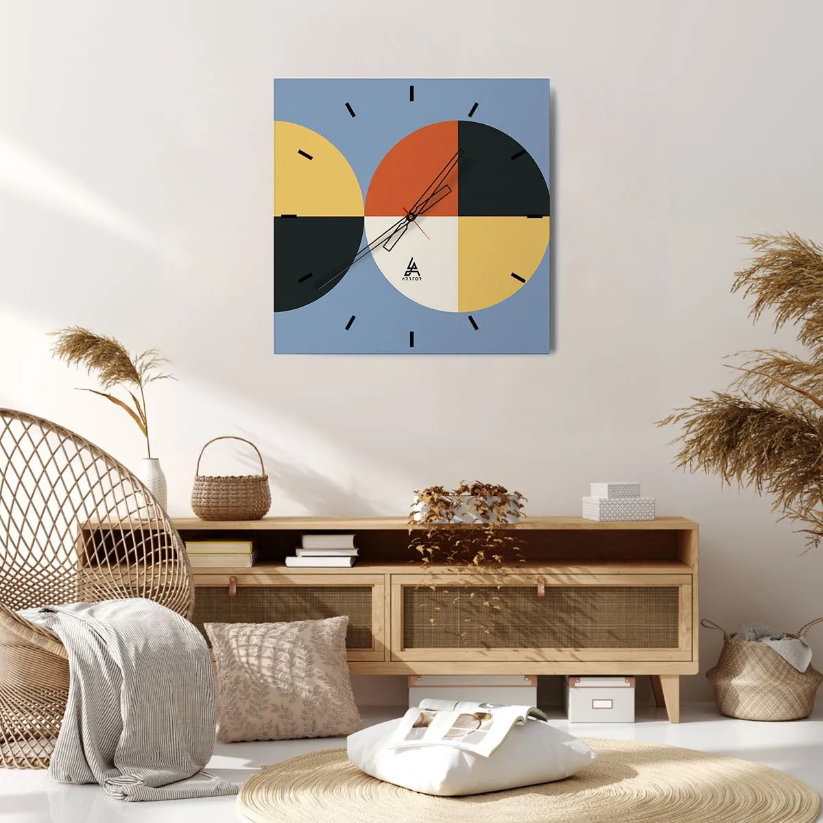 Reloj de pared - Reloj de vidrio - Círculos geométricos sobre un fondo azul. - 30x30cm - Mira y cuenta - Decoración de pared moderna para salón y dormitorio ARTTOR