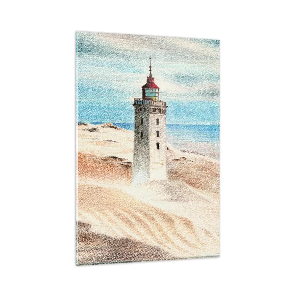 Cuadro sobre vidrio - Impresiones sobre Vidrio - Un faro rodeado de dunas de arena y un cielo azul. - 80x120cm - Siempre mirando al mar - Decoración de pared moderna para salón y dormitorio ARTTOR