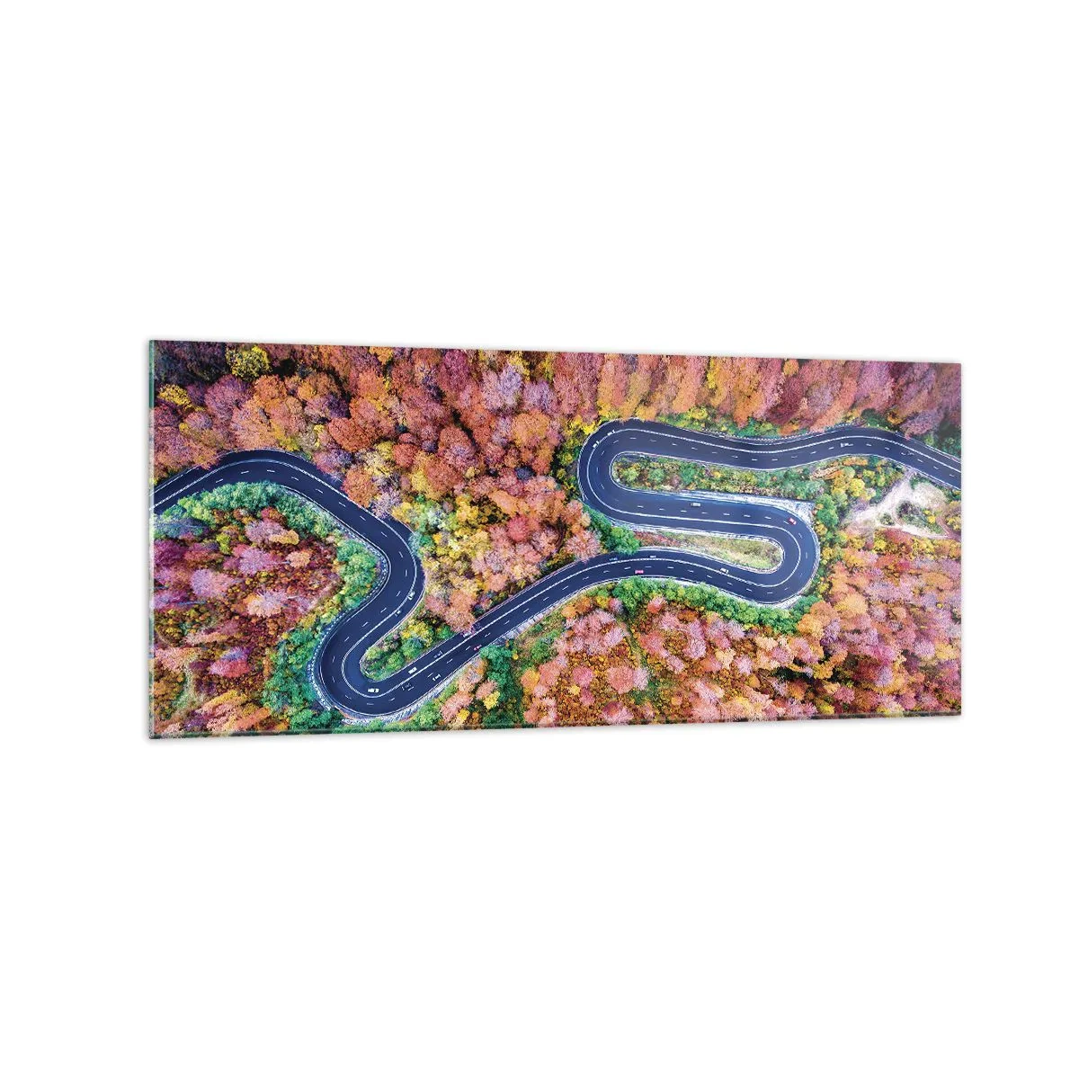 Cuadro sobre vidrio - Impresiones sobre Vidrio - Un camino sinuoso en un bosque otoñal visto a vista de pájaro - 120x50cm - Un camino sinuoso a través del bosque - Decoración de pared moderna para salón y dormitorio ARTTOR